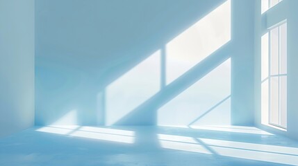 Fototapete - Minimalistic simple abstract light blue background for product presentation Shadow and light from windows on wall : Generative AI