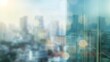 © Generative AI - Abstract blur city estate building in morning view background Cityscape skyline from top office window view Blurred outside bokeh real architecture modern company construction town mor : Generative AI