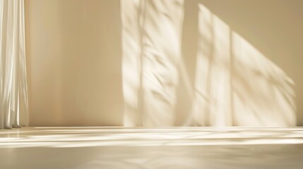 Poster - Minimalistic abstract gentle light beige background for product presentation with light and shadow of window curtains on wall : Generative AI