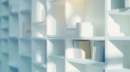 Fototapete - Abstract blurred modern white bookshelves with books manuals and textbooks on bookshelves in library or in book store for backdrop Concept for education : Generative AI