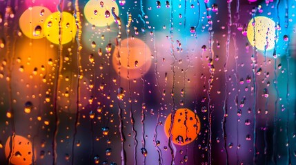 Poster - Closeup through window of rainy day with water dripping down glass against blurred colorful background : Generative AI
