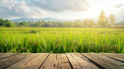 Poster - Wooden table top on blur rice field background in morning beautiful  rice plantation with natural sky view For montage product display copy space : Generative AI