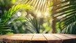 Wood tabletop counter podium floor in outdoors tropical garden forest blurred green palm leaf plant nature backgroundNatural product placement pedestal stand displaysummer jungle parad : Generative AI