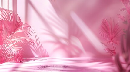 Abstract pink color gradient studio background for product presentation Empty room with shadows of window and flowers and palm leaves  3d room with copy space Summer concert Blurred ba : Generative AI