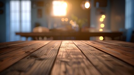 Poster - The empty wooden brown table top with blur background of home room in winter Exuberant image : Generative AI