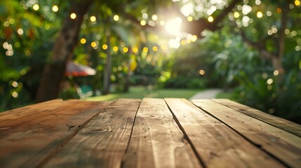 Poster - Empty wooden table with party in garden background blurred : Generative AI