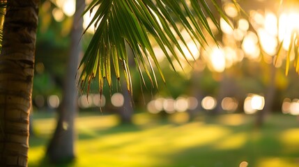 Aufkleber - Blur nature bokeh green park by beach and tropical coconut trees in sunset time : Generative AI