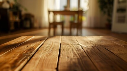 Poster - The empty wooden brown table top with blur background of home room in winter Exuberant image : Generative AI
