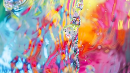 Poster - Closeup through window of colorful water spreading over glass surface against multicolored blurred background : Generative AI
