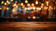 © Generative AI - Image of wooden table in front of abstract blurred restaurant lights background : Generative AI