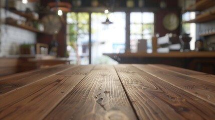 Empty wooden table for present product on coffee shop blur backg : Generative AI