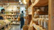 Blurred background of interior in zero waste shop Customers buying dry goods and bulk products in plastic free grocery store Conscious shopping sustainable small businesses minimalist  : Generative AI