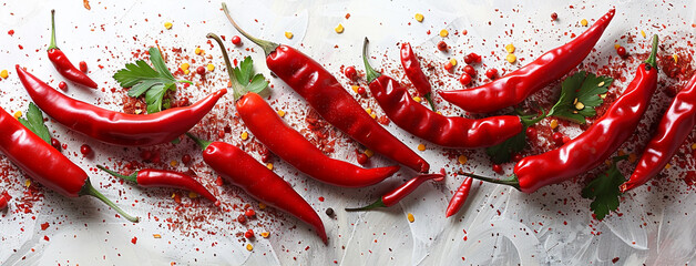 wide horizontal flat lay food spice banner image of red chilli pepper and crushed in white background    