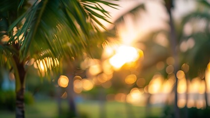 Aufkleber - Blur nature bokeh green park by beach and tropical coconut trees in sunset time : Generative AI