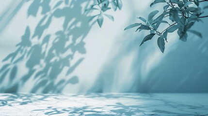 Leinwandbilder - Minimalistic light background with blurred foliage shadow on a light blue wall Beautiful background for presentation with with marble floor : Generative AI