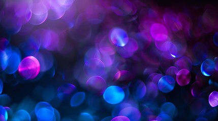 Aufkleber - Blur neon light Lens flare overlay Bokeh fluorescent flash gleam Defocused blue purple color flecks on dark black abstract background : Generative AI