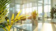 Beautiful blurred background of a light modern office interior with panoramic windows and beautiful lighting : Generative AI