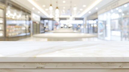 Wall Mural - White table presentation desk and blur background Empty wood counter shelf surface over blur restaurant white bokeh background Wood table top for retail shop store product display bann : Generative AI