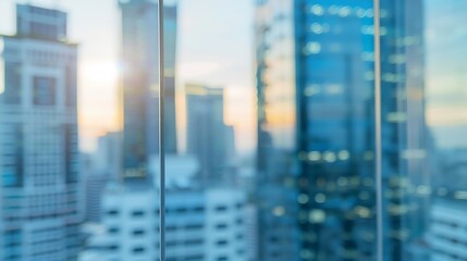 Poster - Blurry focus city hotel corporate building in blue morning business background Cityscape skyline light outside office window grey sky view Day bokeh winter bank company blur backdrop o : Generative AI