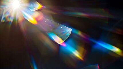 Blue light flare prism rainbow flares overlay effect on black background light crossing crystals prismatic sun catcher reflections rays Abstract blurred colourful lens flare bokeh on d : Generative AI