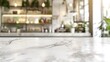 Empty white table top counter desk background over blur perspective bokeh light background White marble stone table shelf and blurred kitchen restaurant for food product display mockup : Generative AI