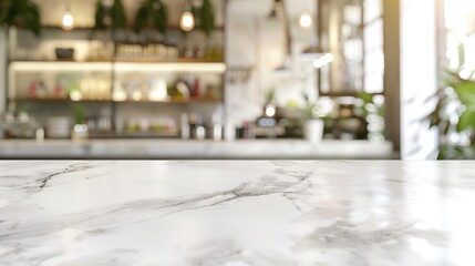 Fototapete - Empty white table top counter desk background over blur perspective bokeh light background White marble stone table shelf and blurred kitchen restaurant for food product display mockup : Generative AI