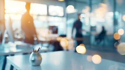 Aufkleber - Businessmen blur in the workplace or work space of table work in office with computer or shallow depth of focus of abstract background : Generative AI