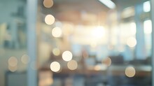 Blurred Empty Open Space Office Abstract Light Bokeh At Office Interior Background : Generative AI