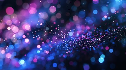 Aufkleber - Blur neon light Lens flare overlay Bokeh fluorescent flash gleam Defocused blue purple color flecks on dark black abstract background : Generative AI