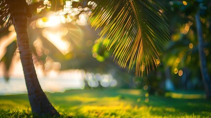Aufkleber - Blur nature bokeh green park by beach and tropical coconut trees in sunset time : Generative AI