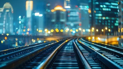 Poster - Double exposure train track with blurred light city office building night view abstract background : Generative AI
