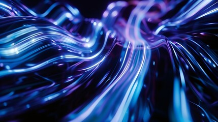 Aufkleber - Blur luminous rays Glowing neon banner Cyber flare Defocused ultraviolet navy blue color light lines motion on dark black futuristic abstract background : Generative AI