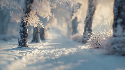 Poster - Trees and pathway covered with snow in winter park blurred view : Generative AI