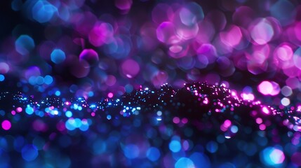 Poster - Blur neon light Lens flare overlay Bokeh fluorescent flash gleam Defocused blue purple color flecks on dark black abstract background : Generative AI