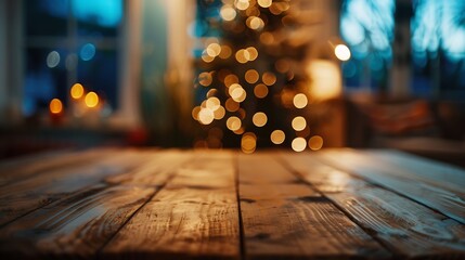 Poster - The empty wooden brown table top with blur background of home room in winter Exuberant image : Generative AI