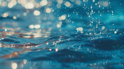 Poster - Blurred transparent blue colored clear calm water surface texture with splashes and bubbles Trendy abstract nature background Water waves in sunlight : Generative AI