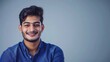 Happy handsome young Indian man head shot front portrait Cheerful successful entrepreneur startup leader business professional in casual looking at camera with toothy smile : Generative AI
