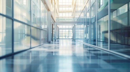 Fototapete - Office building lobby hall blur background or blurry school hallway corridor interior view looking toward empty corridor entrance glass curtain wall and floor with exterior light illum : Generative AI