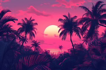 Wall Mural - Tropical summer beach background. Cartoon flat illustration. Silhouettes of palm trees against pink sunset sky