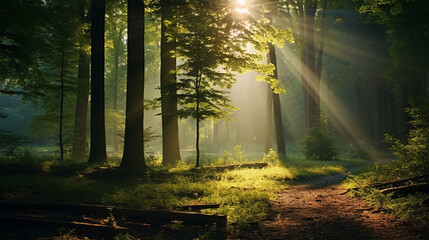 Wall Mural - nature background with beautiful rays of sunlight in a green forest