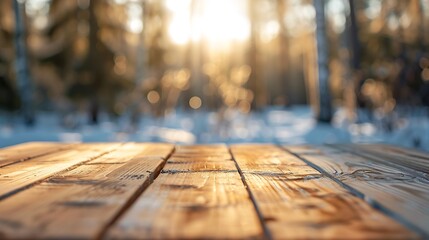 Poster - The empty wooden table top with blur background of winter in Finland Exuberant image : Generative AI