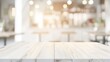 Vertical white table presentation desk and blur background Empty wood counter shelf surface over blur restaurant white bokeh background Wood table top for retail shop store product dis : Generative AI