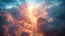 Stairway To Heaven In Heavenly Concept. Religion Background. Stairway To Paradise In A Spiritual Concept. Stairway To Light In Spiritual Fantasy. Path To The Sky And Clouds. God Light