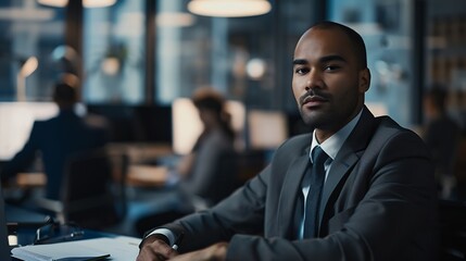 Poster - Portrait Of Businessman Sitting On Desk In Busy MultiCultural Office With Motion Blurred Colleagues : Generative AI