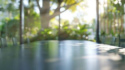 Fototapete - Blur meeting room table in office background with see through window to tree in garden in morning with no peoplebuisness backdrop : Generative AI