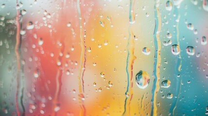 Poster - Closeup through window of rainy day with water dripping down glass against blurred colorful background : Generative AI