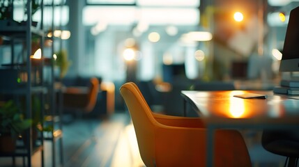 Leinwandbilder - Modern business office without people with blurred bokeh background tables chairs computers copy space High quality photo : Generative AI