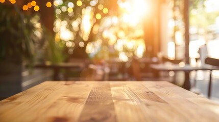 Poster - Empty wooden table in front of abstract blurred background of coffee shop  wood table in front can be used for display or montage your productsMock up for display of product : Generative AI