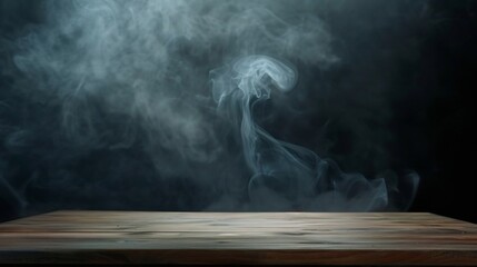 Aufkleber - On a black background an empty wooden table with smoke floats up Empty space for displaying your products with a smoke float up on a dark background Space available for displaying your : Generative AI