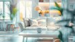 Blurred view of modern living room with sofa and soft bench room interior with  couch armchair and coffee table or shelving units stylish living room comfortable workplace near big win : Generative AI